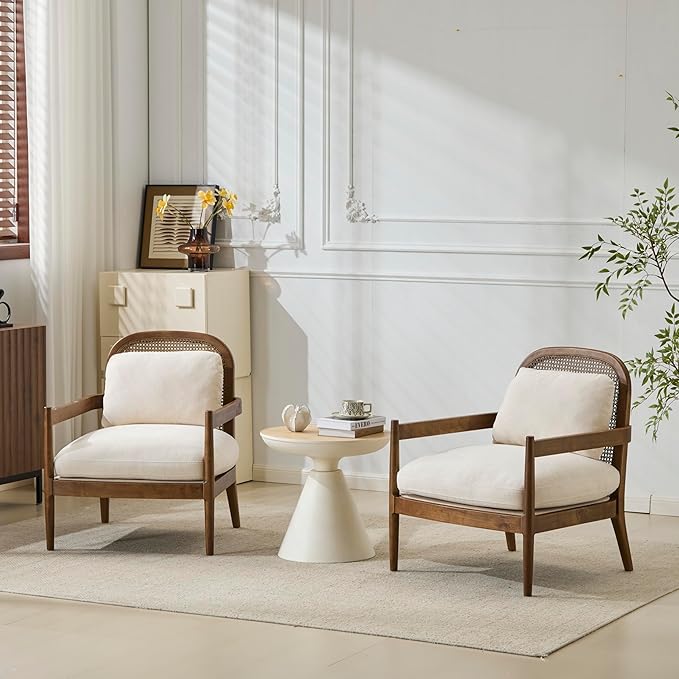 Christopher Knight Home Nadine Modern Club Chair Set of 2 with Cushion Wooden Living Room Accent Chair with Rattan Open Back Bedroom Comfy Reading Chair Beige+Light Brown