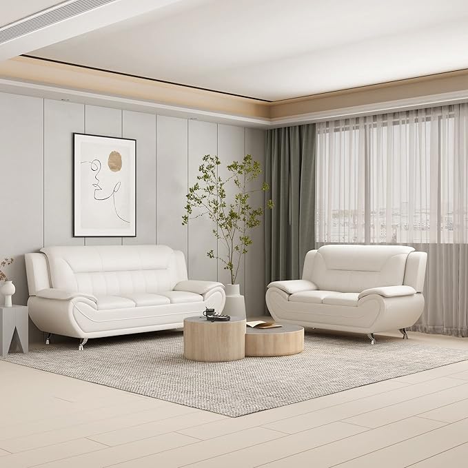 Michael Modern Faux Leather Upholstered Stainless Steel Legs Living Room Sofa Cream White