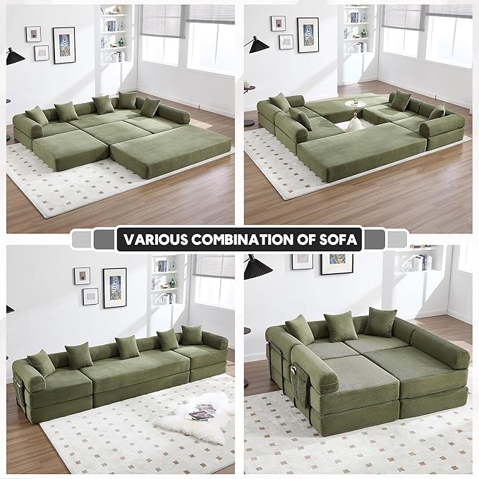 L Shape Convertible Sofa Bed with Cylindrical Pillow and Storage Pocket Convertible Sofa Couch Bed with Support Frame for Living Room Bedroom Children Room-Oliver Green