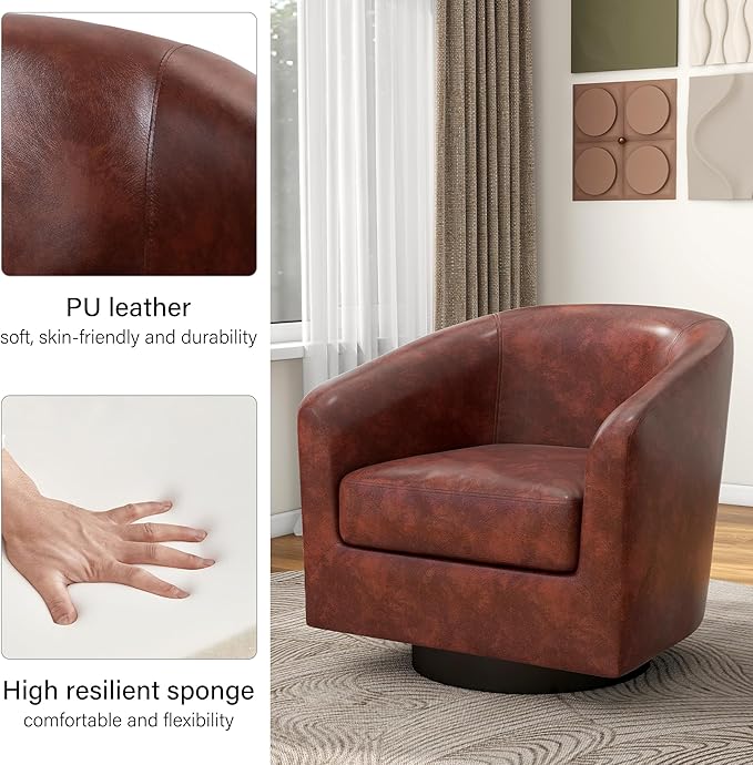 Swivel Barrel Accent Chair Modern Round Faux Leather Arm Chair for Living Room Bedroom Comfy Club Reading Chairs for Adults(Faux Leather Red Brown Set of 1)
