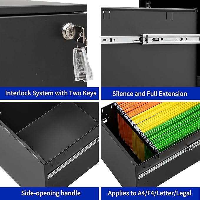 2 Drawer Mobile File Cabinet with Lock Steel File Cabinet Fully Assembled Home/Office Design Black