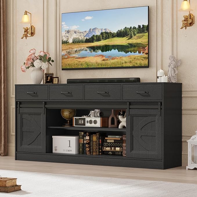 St.Mandyu 70 Large Farmhouse TV Stand for 85/80/75/70 Inch TVs w/4 DrawersRustic Tall Media Console w/Sliding Barn Door Adjustable ShelvesTall Entertainment Center for Living RoomBlack