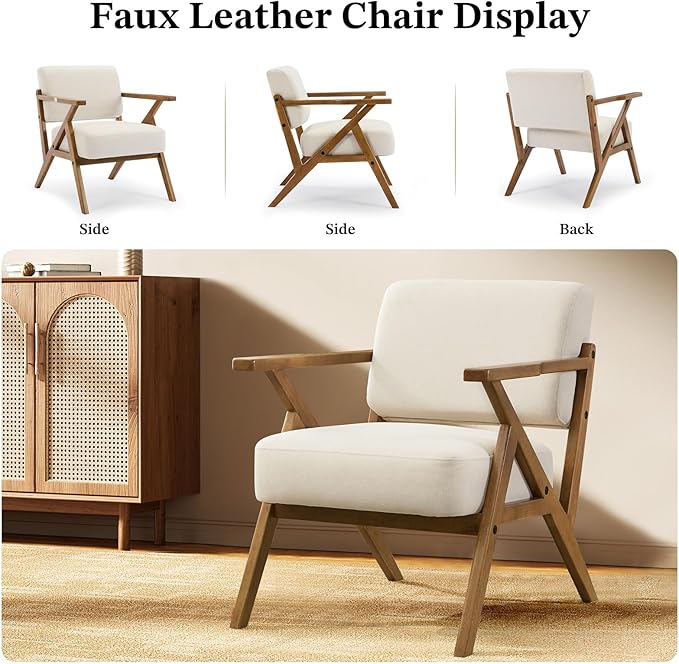 Mid Century Modern Chair Beige Accent Chair Upholstered Armchair with Solid Wood Frame Comfy Reading Nook Chair Lounge Chairs for Living Room Bedroom Linen