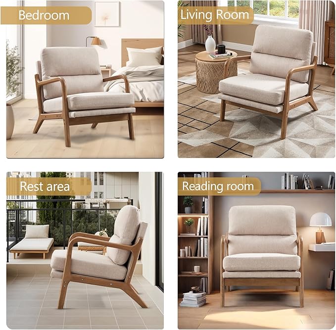 Bonzy Home Mid Century Modern Accent Chair Upholstered Reading Armchair with Solid Wood Frame &amp Thick Cushion Comfy Lounge Chair for Living Room Bedroom Apartment Beige
