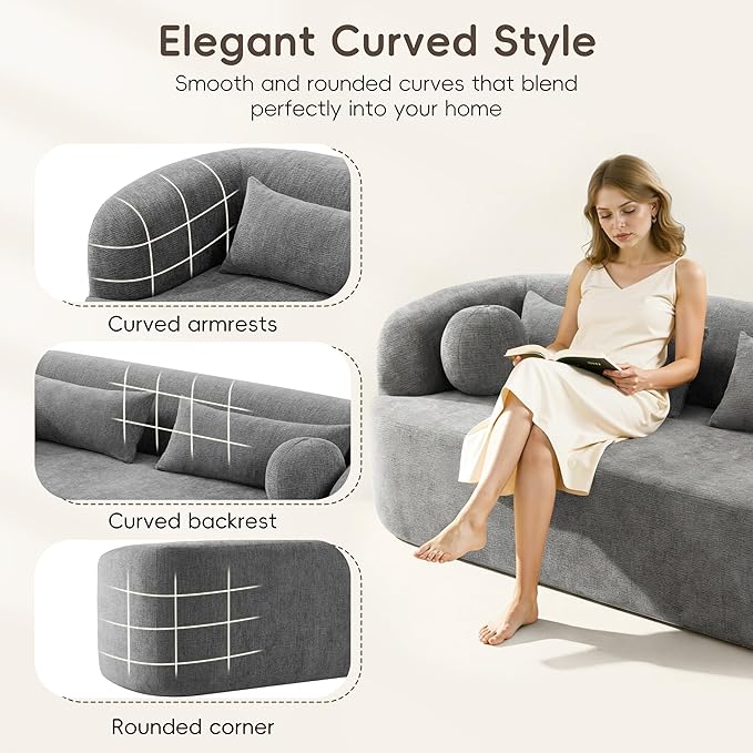 86 Curved Cloud Couch Curved SofaBoneless Couch Upholstered Sofa with Pillows No Assembly NeedChenille with High-Density Foam 3-Seater Luxury Modern Compressed SofaGray