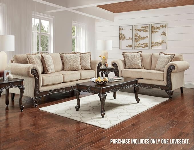 Hernen Carved Wood Frame Loveseat Beige Wheat