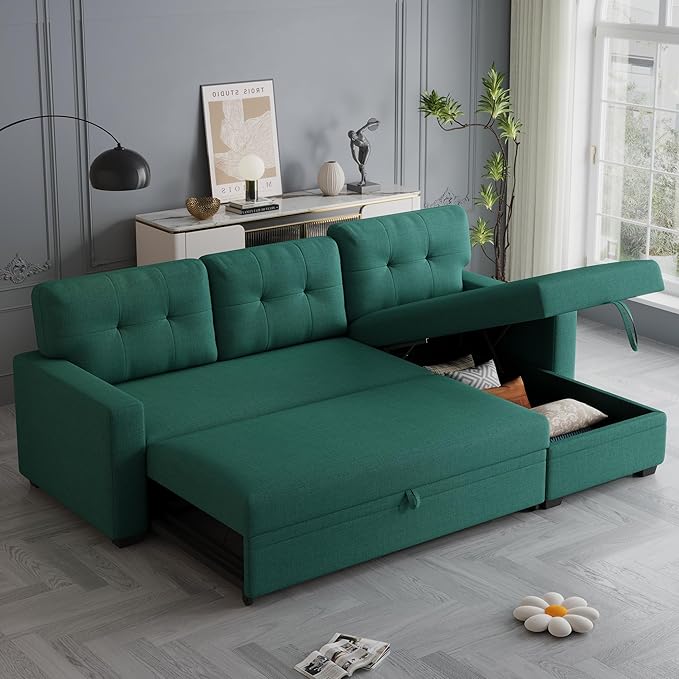 82 Convertible Sectional Sleeper Sofa with Storage Chaise L Shaped Pull Out Couch Bed with 3 Tufted Back Cushion for Living Room ApartmentOfficeGreen