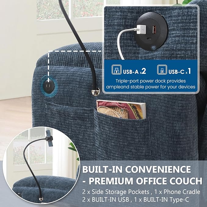 108 Side Storage Office Sofa L-Shaped Modular Sectional Sofa with Phone Holder &amp USB Blue Gray Chenille Fabric 4-Seat Business Couch with Movable Ottoman for Office Reception Commercial