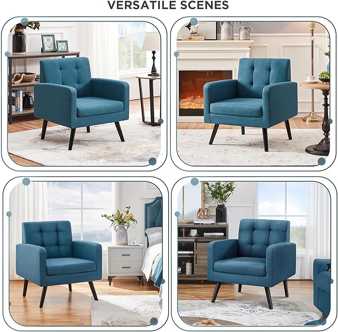 Yaheetech Mid-Century Accent Chairs Modern Upholstered Living Room Chair Cozy Armchair Button Tufted Back and Wood Legs for Bedroom/Office/Cafe Navy Blue