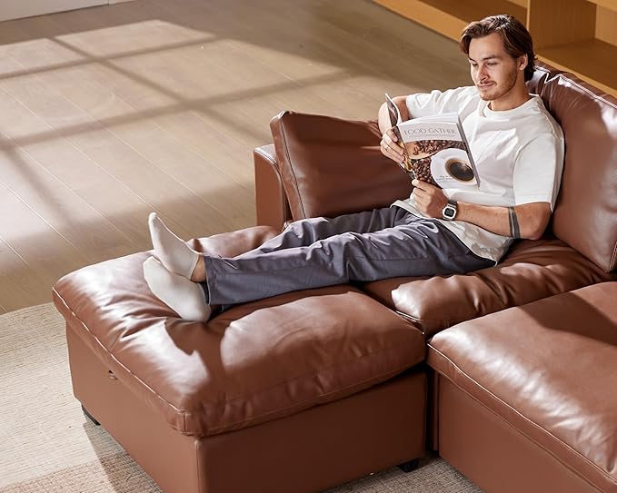 WEUP 120 Oversized Cloud Modular Sectional Sofa for Living Room 3 Seat U Shaped Cloud Couch with Storage Ottoman Premium Faux Leather Sofa Down-Filled Wide Deep Seat Tool Free Assembly Brown