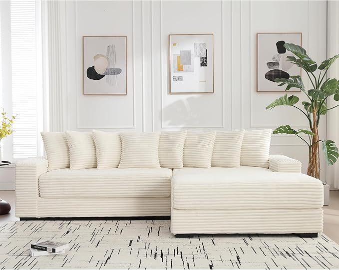KEIKI 111 L-Shaped Oversized Corduroy Modular Sectional Sofa with Right Chaise Lounge and 8 Throw Pillows 3-Seater Corner Couch with Padded Armrests Easy Assembly for Living Room Beige