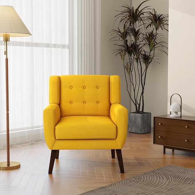 Accent Chair Mid-Century Modern Fabric Chairs with Arms for Living Room Comfy Upholstered Club Single Sofa Armchair for Bedroom Waiting Room with Solid Wood Frame (Fabric Yellow Set of 2)