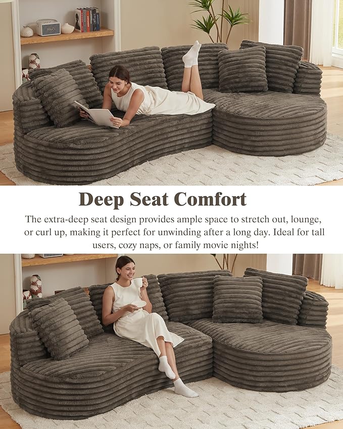 121 inch Boneless Cloud Modular Sectional Couch Wide Curved L Shaped Sofa with Chaise | Corduroy Fabric | Compressed Foam Sofa for Living Room | No Assembly Dark Brown
