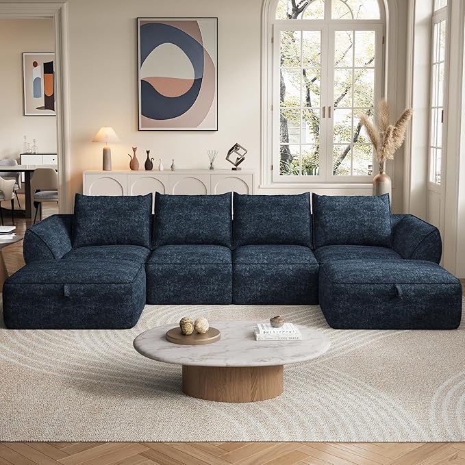 132 Modular Sectional Sofa with Deep Seat U-Shaped Cloud Couch for Living Room 4-Seater Boneless Sofa with 2 Ottomans Flexible Combination Modern Upholstery Sofa No Assembly Required Aqua Blue