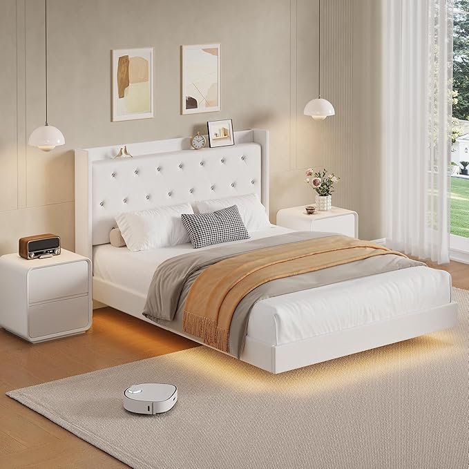 IDEALHOUSE Queen Size Bed Frame with LED Lights Floating Platform Bed with Velvet Upholstered Storage Headboard No Box Spring Needed Noise Free Easy Assembly