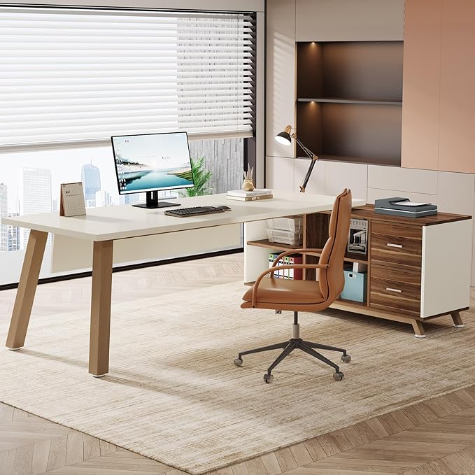 Tribesigns 78.7-Inch Executive Desk L-Shaped Desk with 55-Inch Cabinet Large Office Desk with Storage Shelves Modern Computer Desk for Home Office White &amp Walnut