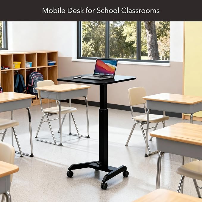 Mount-It! Rolling Laptop Desk Adjustable Height (29.6”-44.2”) Mobile Workstation Cart with 23.6” x 20.5” Desktop Small Sit-Stand Desk for Home Office or Classroom in Black