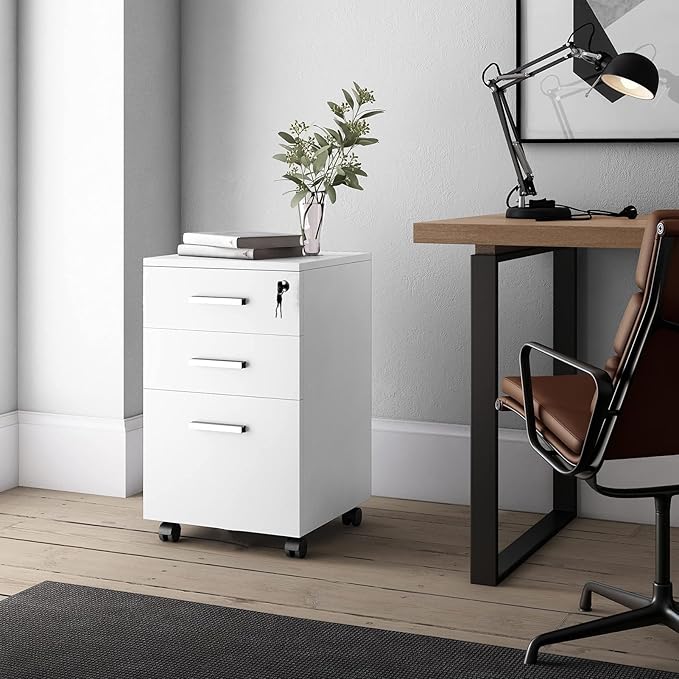 Mobile File Cabinet with 3 Drawers Rolling Storage Organizer with Lock Printer Stand with Spacious Top Under Desk Filing Cabinet for Home Office 15.76 x 14.97 x 26.79