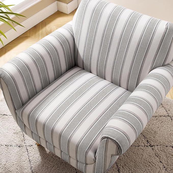 VANOMi Mid-Century Accent Chair with Stripe Pattern Modern Linen Fabric Armchair with Wood Legs Club Chair for Living Room Comfy Upholstered Side Chairs for Bedroom Reading Small Place (Grey)