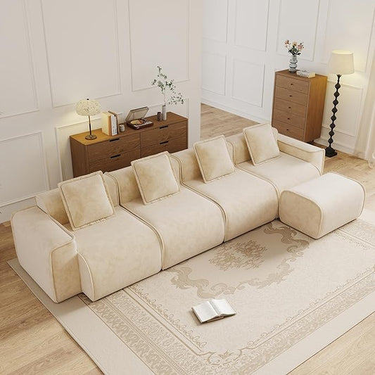 KEIKI 4Seat Modular Boneless Velvet Sofa Couch for Casual Home Bedroom Studio Style Conscious Homeowners Luxurious Elegant Sophisticated Refined Design Stylish Design Light Camel