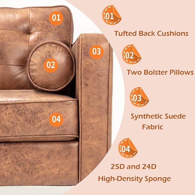 Esright Mid Century Modern Faux Leather Sofa 84.2-Inch 3-Seater Vintage Couch with 2 Bolster Pillows Large Brown Sofa for Living Room Apartment Office