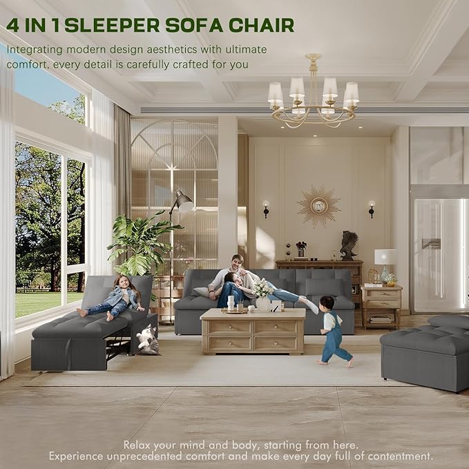 4-in-1 Convertible Sleeper Chair Bed with Adjustable Backrest Pillows Futon Sofa Bed with Side Pocket Sleeper Sofa Chair Pull Out Couches for Living Room Small Space Charcoal