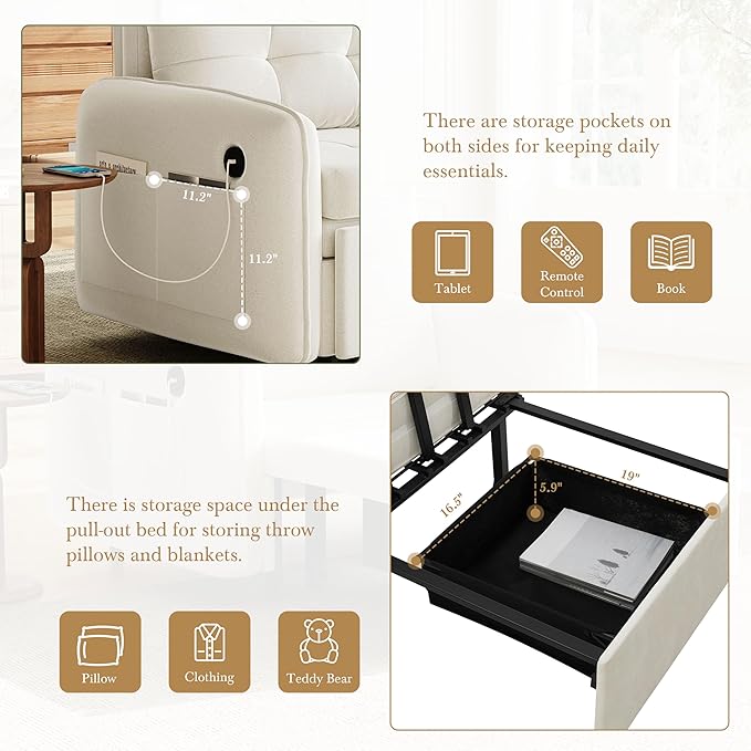 3-in-1 Convertible Sleeper Chair Bed Multi-Functional Chenille Single Sofa Bed with Storage Pockets and Box 80 Extra Long Pull Out Sleeping Lounge Chair for Living Room &amp Apartment (Beige35)
