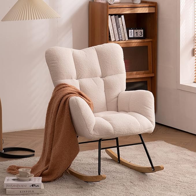 Swinging Chair Daycare Teddy Cushion high backrest Gliding Joystick Reading Chair Modern Swinging Accent Chair Gliding Lounge Chair Suitable for Living Room Daycare Bedroom (Ivory)