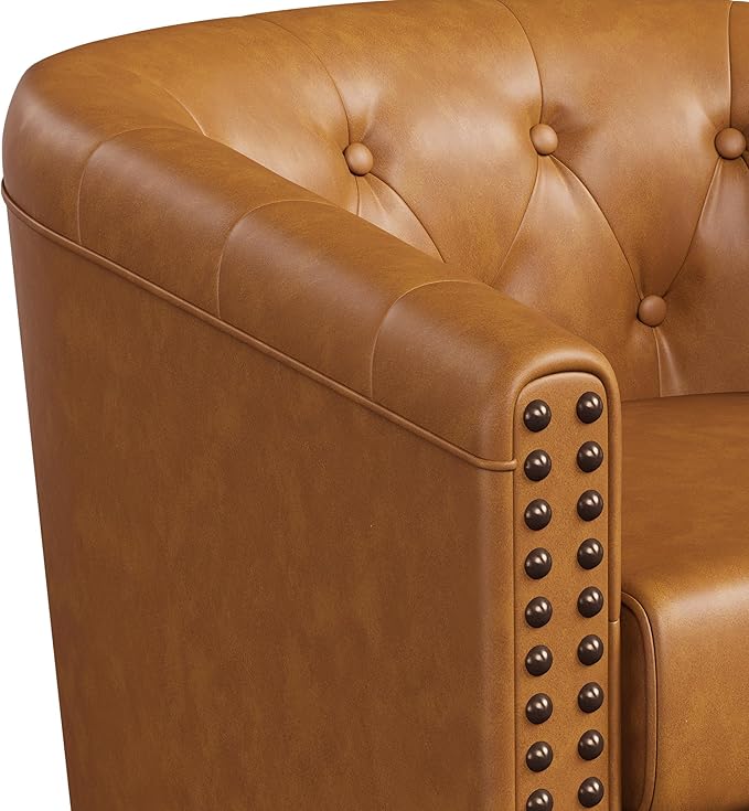 Swivel Barrel Accent ChairRound Nailhead Faux Leather Living Room Arm ChairsModern Upholstered Comfty Reading Nook Chairs for BedroomSmall Club ArmchairSingle Sofa Side ChairCaramel Brown