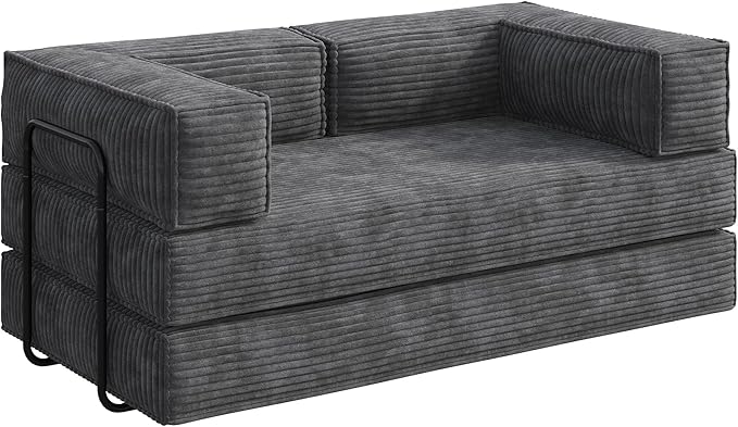 WLIVE 60'' Futon Sofa Bed Convertible Sleeper Sofa Folding Pull Out Couch Boneless Mattress with Fixed Frame Corduroy with Storage Pocket Grey