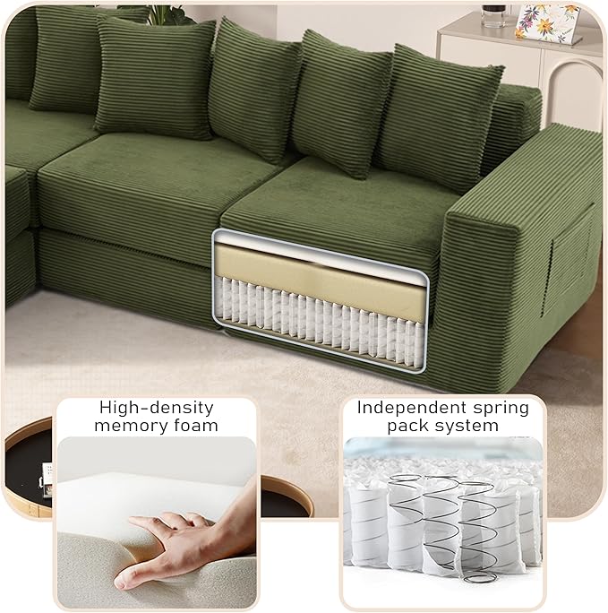 102 Upgraded L-shaped Modular Sectional Couches for Living Room Convertible Oversized Sleeper Sofa Bed-Luxury 1.5 Queen Bed. 11-in-1 Multifunctional Corduroy Boneless Folding Futon Couch Green.