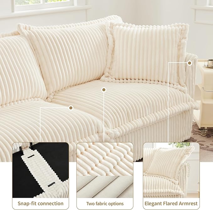 120 Slipcovered Modular Cloud Sectional Sofa Deep Seat Corduroy L Shaped Couch with Removable Covers 3-Seater Sofa with Movable Ottoman for Living Room (Cream) | Slipcovered