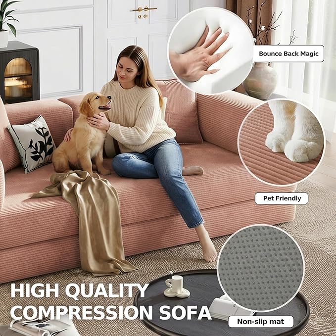 78.8’’ Boneless Sleeper Sofa BedConvertible Futon Couch with Storage Pocket and 2 PillowsModular Corduroy Sofa for livingroomSmall speacePink