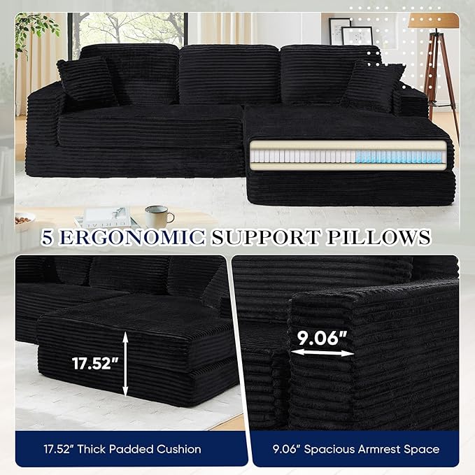 112.6” Modular Sectional Sofa Oversized Cloud L Shaped Couch Comfy Upholstered Corduroy Compressed Sofa with Right Facing Chaise and Wide Arms Fluffy Boneless Sofa Bed for Living Room Office Black