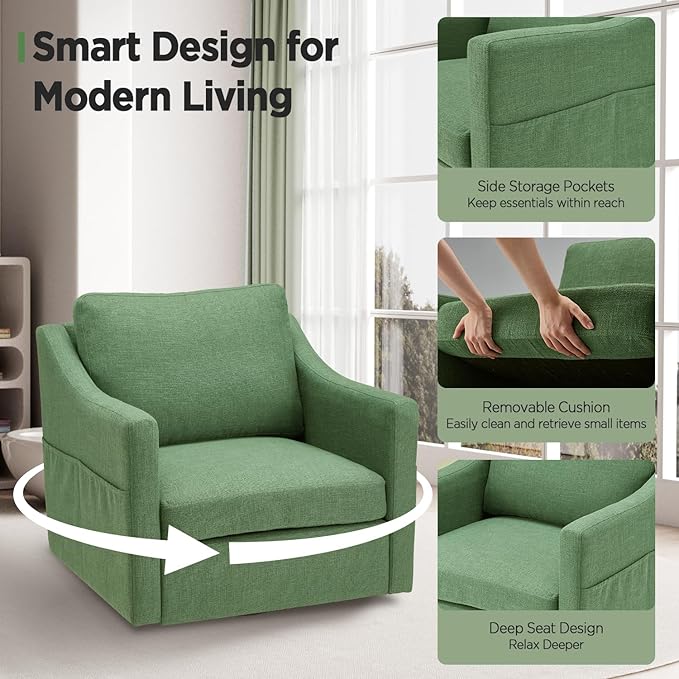 HOMREST Swivel Accent Chair Sets of 2 360° Rotation Linen Fabric Armchair Modern Barrel Chairs with Lumbar Pillow for Reception Living Room Bedroom Home and OfficeGreen