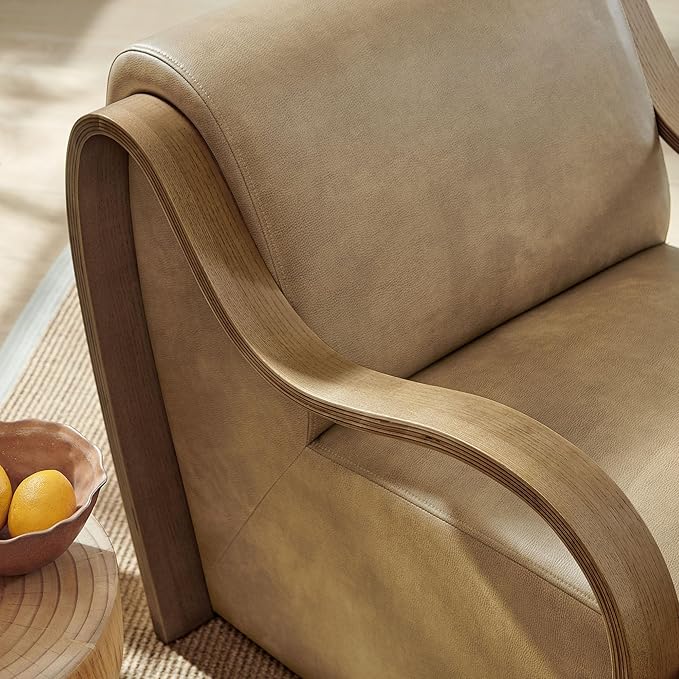 Modway Atrium Vegan Leather Upholstered Lounge Chair in Toast with Sculptural Bentwood Arms – Mid-Century Modern Accent Armchair for Living Room or Bedroom