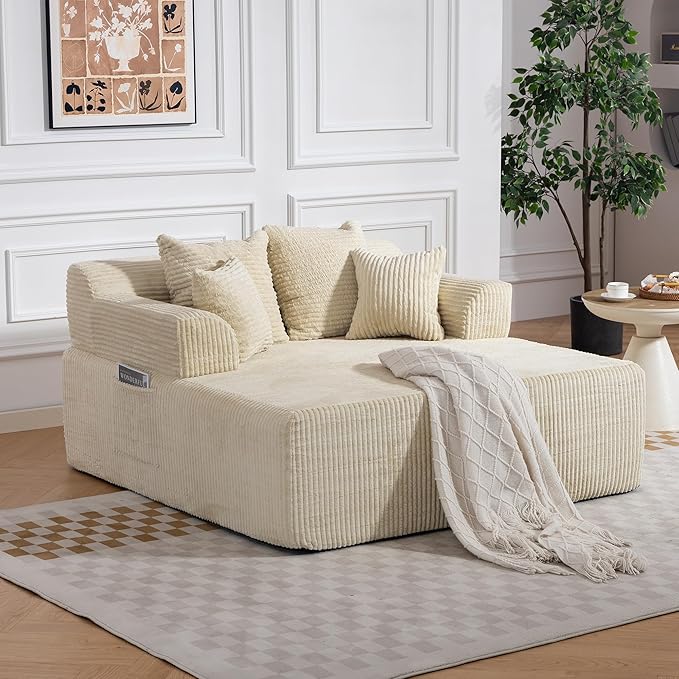 58 Inch Chaise Lounge Chair Indoor Corduroy Boneless Sofa Bed Deep Seat Sleeper Couch Reading Chairs Upholstered Comfy Cloud Sofas Couches for Living Room No Assembly Required Beige