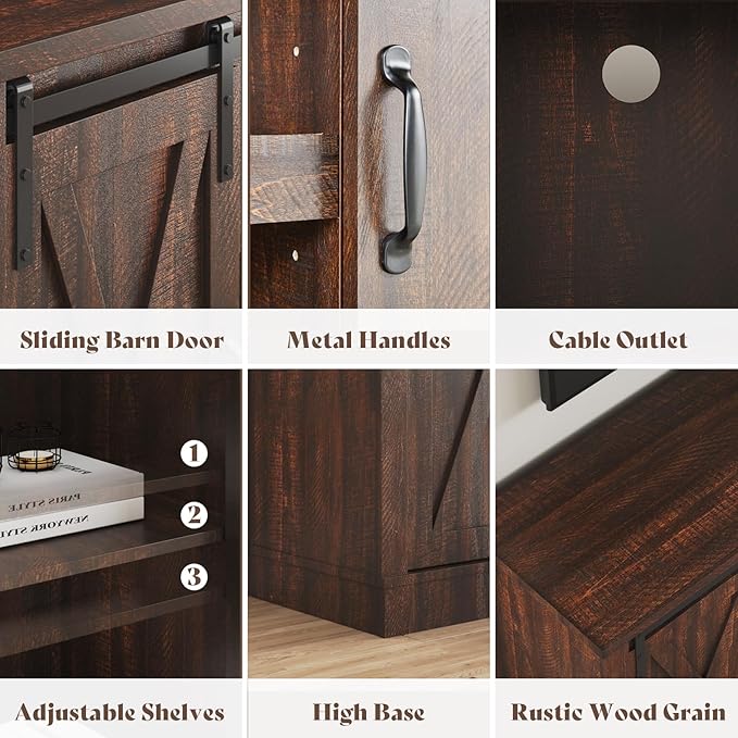 AMERLIFE Fireplace TV Stand with Sliding Barn Door for TVs up to 73 Farmhouse 63 Fireplace Entertainment Center with Storage Cabinets/Adjustable Shelves Reclaimed Barnwood