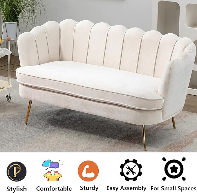 Chenille Small Sofa Couch for Small Spaces Living Room Bedroom59 Loveseat Couches with Gold Metal LegsChannel Tufted 2 Seater Sofas with Curved Back and Arms for ApartmentRV.