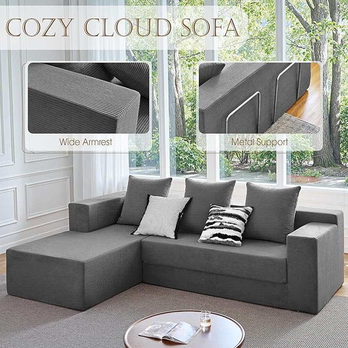 YINIX 106 Modular Sectional Sofa Modern Cloud Couch with L-Shape Chaise Upholstered Boneless Couches with Deep Seat Comfy Corduroy Sofa for Living Room Bedroom No Assembly (Grey)