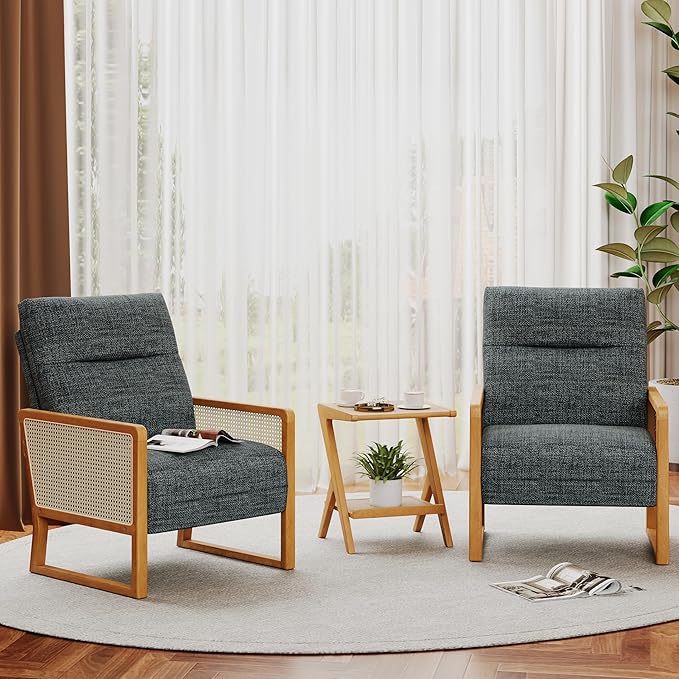 Upholstered Accent Chair Set of 2 Modern Rattan Accent Chair with Ash Wood Legs Comfy Dark Gray Armchair for Living Room
