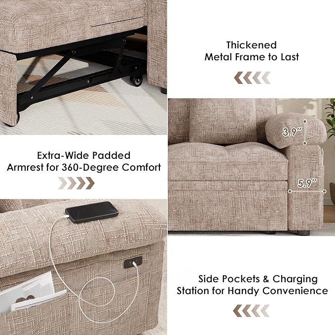 Keyluv 59” Loveseat Sleeper Sofa with USB Ports &amp Side Pockets 3 in 1 Convertible Sofa Bed for Living Room/RVs/Camper Pull Out Couch with Adjustable Backrest Chenille Khaki