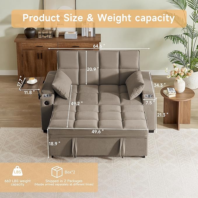 66 Multi-Functional Pull-Out Sofa Bed with Hidden Side Table Storage Armrests Built-in Charging Port Spring Mattress Solid Wood Frame – Ideal for Small Spaces Easy Assembly