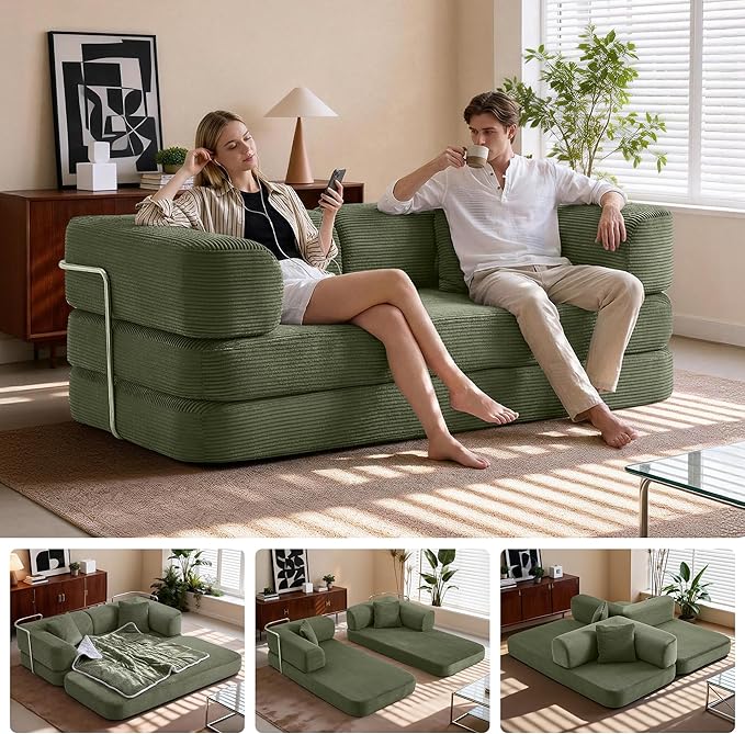 5-in-1 Convertible Sofa Bed Boneless Floor Couch Queen Size with Magic Pillow Blankets Zero-Assembly Sleeper Futon for Apartments Renters &amp Micro-Living Spaces Green