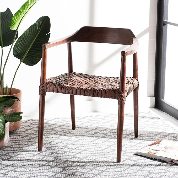 SAFAVIEH Home Collection Munro Walnut Sungkai Wood/Cognac Leather Woven Accent Chair (Fully Assembled)