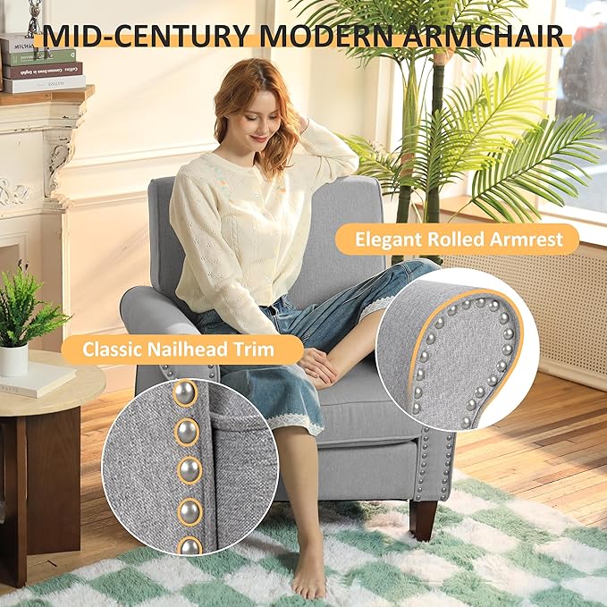 PrimeZone Comfy Accent Chair Mid-Century Modern Fabric Living Room Chair Reading Chair with Soft Cushion Nailhead Trim &amp Rolled Armrest Arm Chair Sofa Chairs for Bedroom Waiting Room Office Gr