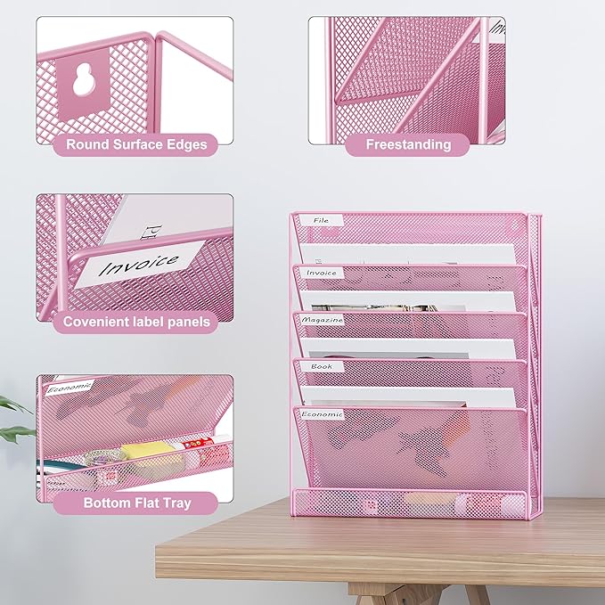 EasyPAG 5 Tier Wall File Holder Mesh Hanging Folder Organizer with Classify Label Versatile Desk File Holder Vertical Wall Mounted Mail Organizer for Office Home Cubicle Pink
