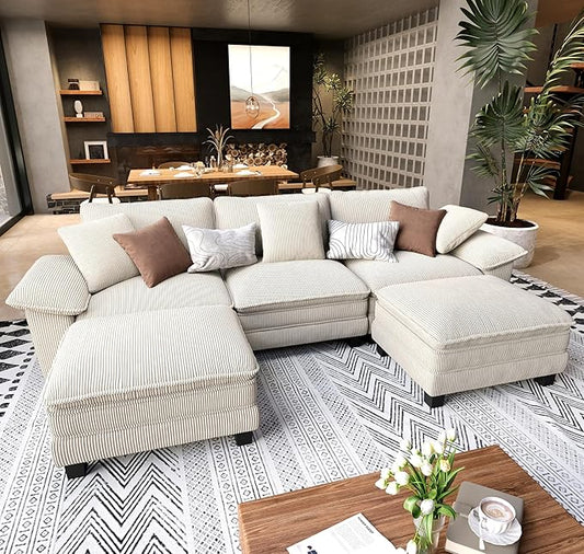U Shaped Modular Cloud Couch 123.6'' Comfy Corduroy Sectional Sofa with Wider Armrest and Ottoman Upholstered 5-Seat Modern Deep Seat for Bedroom Living Room Beige
