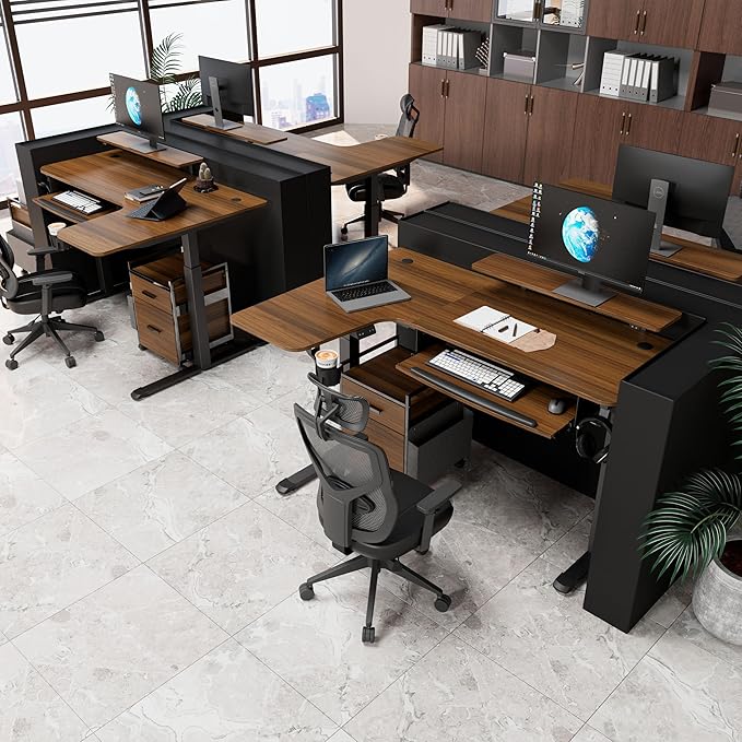 EUREKA ERGONOMIC Standing Desk Electric Adjustable Height (61x43) Computer Desk with Keyboard Tray Sit Stand Desk L Shaped Desk for Work/Home OfficeDual MotorMemory Presets2 USB/RGBWalnut/Right