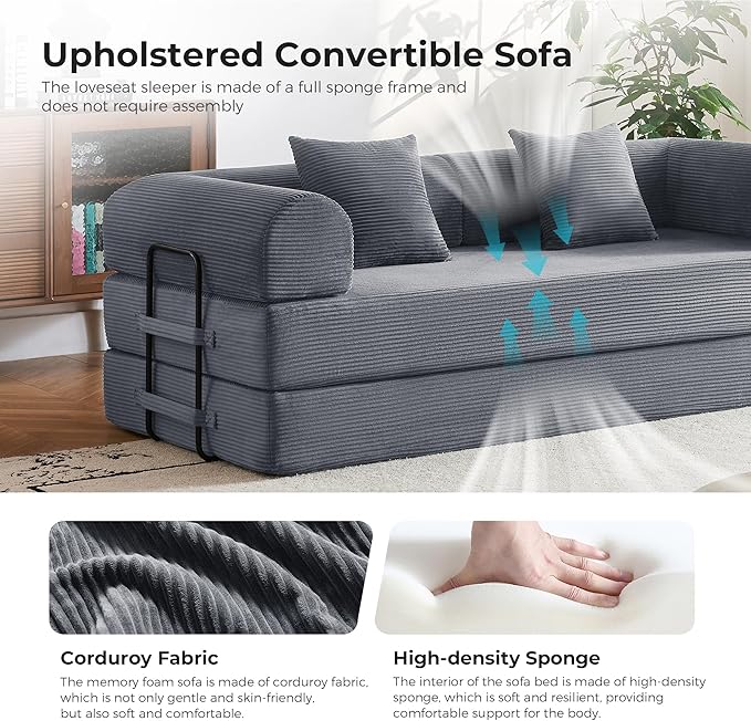 79'' Convertible Sofa Bed 5-in-1 Folding Corduroy Sleeper Couch with Pull Out Bed Oversized Modular Floor Sofa No Assembly Space-Saving Guest Bed for Apartment Living Room Bedroom (Dark Gray) | Co